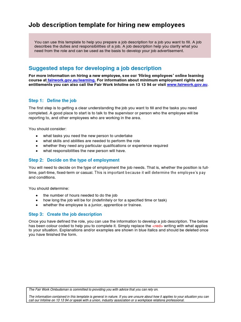 Job Description Template 1 Docx Employment Labor