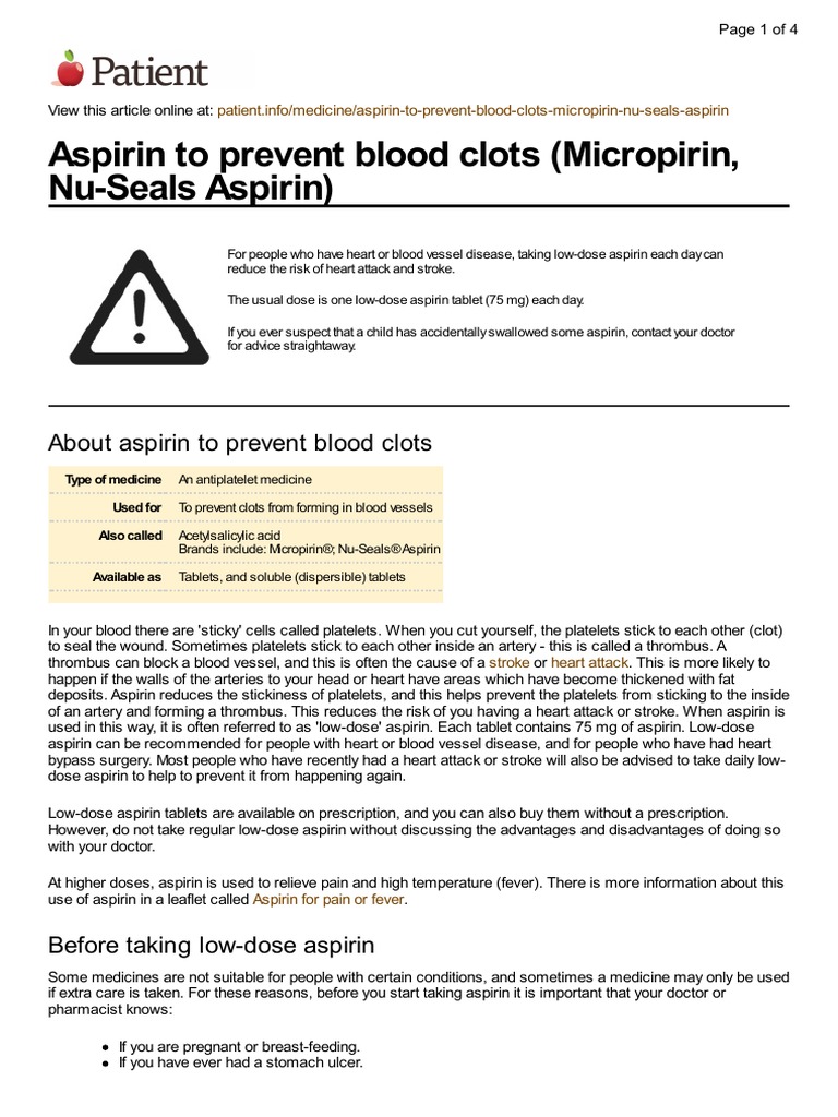 UK Patient Aspirin For Blood Clot Prevention Medication Leaflet PDF