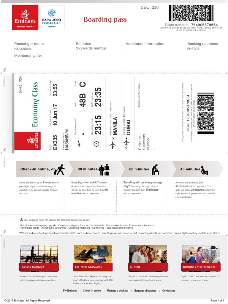 Boarding Pass Passenger Name Emirates Skywards Number Additional