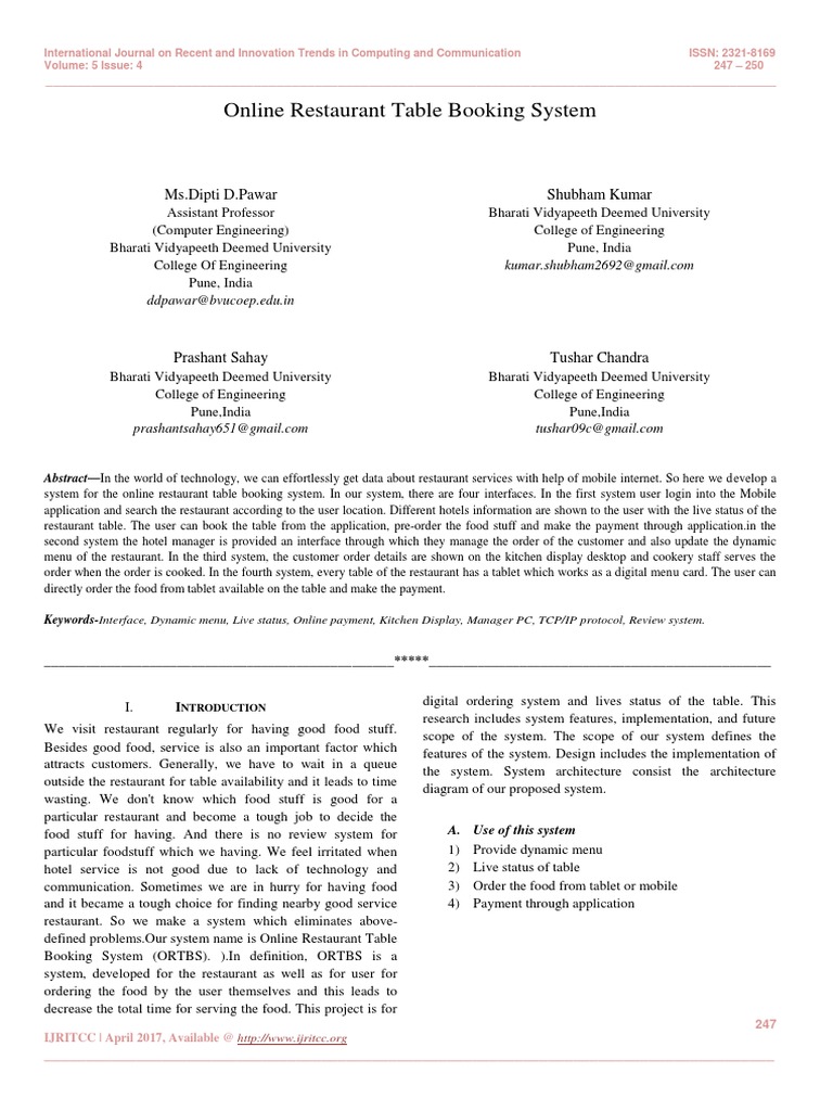 Online Restaurant Table Booking System Pdf