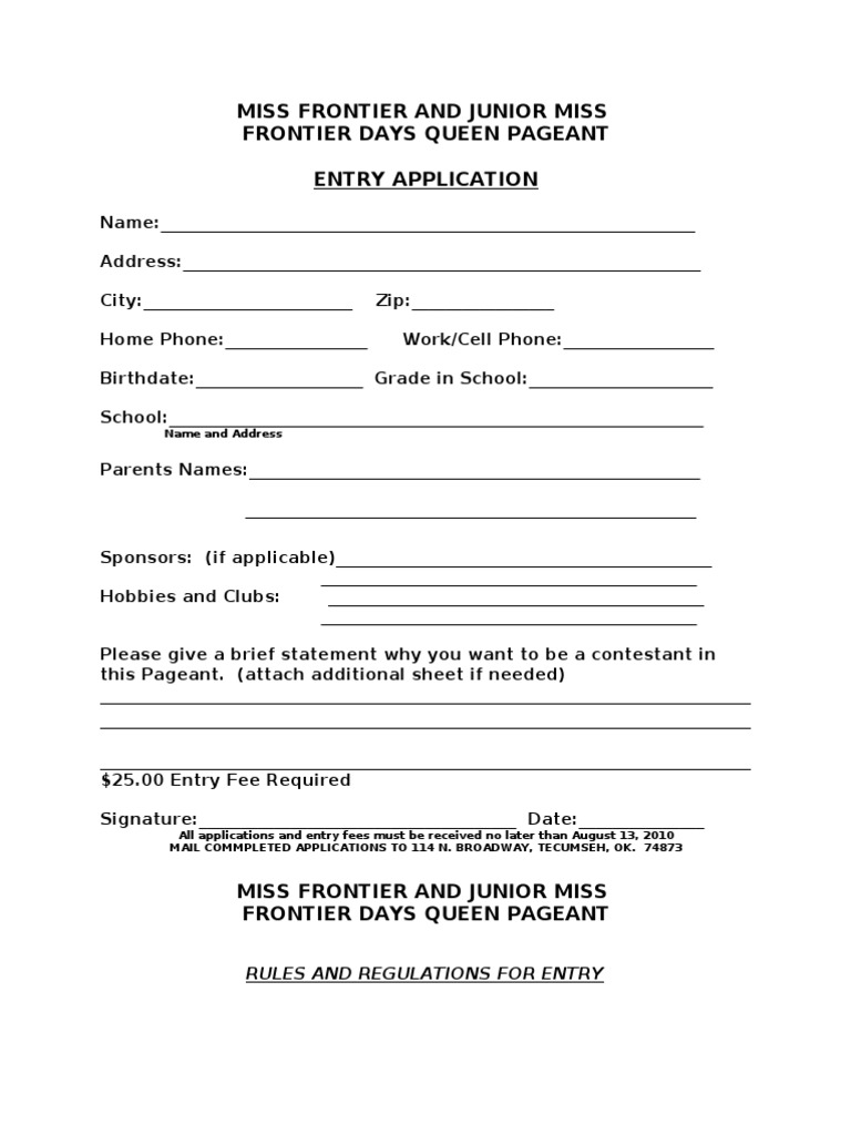 Miss Frontier & Junior Miss Pageant Entry | PDF | Government | Justice