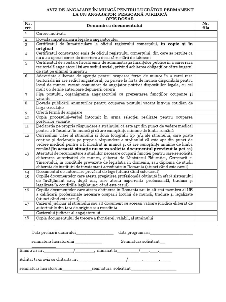Opis Documente Autorizatii de Munca Lucrator Permanent(1)