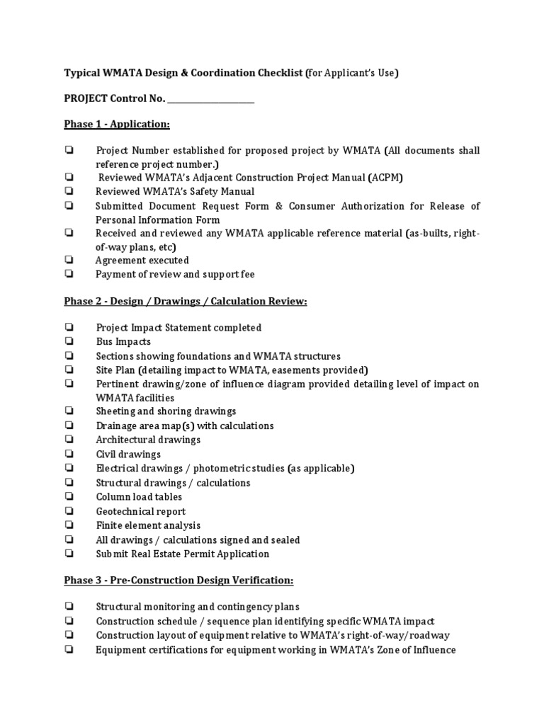 WMATA Design Coordination Checklist | PDF | General Contractor | Easement