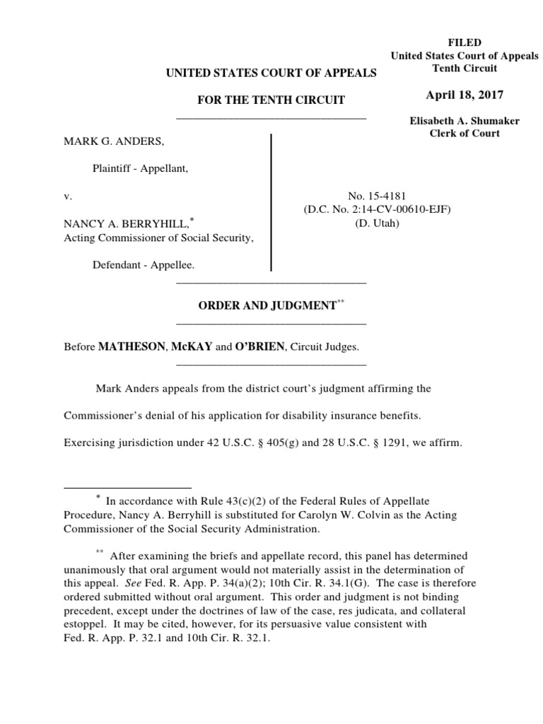 10th Circuit Rules That District Courts >> Anders V Colvin 10th Cir 2017 Precedent United States 10th Circuit Rules That District Courts >> Anders V Colvin 10th Cir 2017 Precedent United States