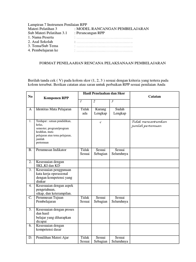 Instrumen Penilaian Telaah Kurikulum 2013