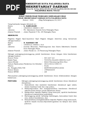 Surat Penunjukan Pemegang Kendaraan Dinas Sekretariat Daerah Kota Palangka Raya
