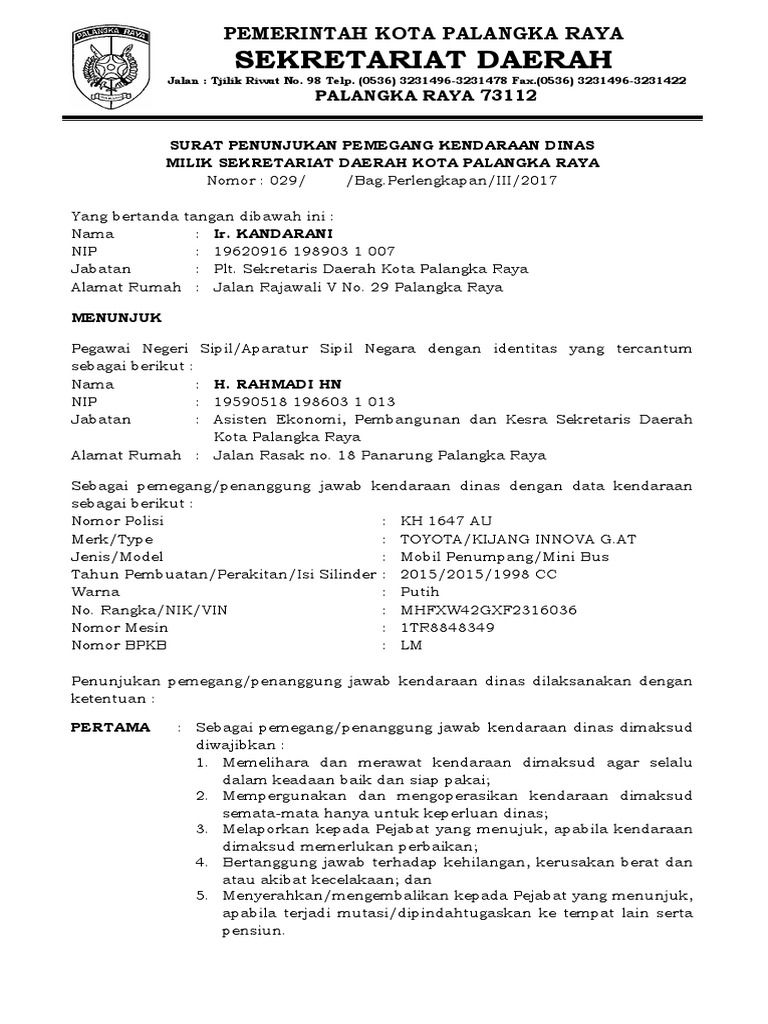 Surat Penunjukan Pemegang Kendaraan Dinas Sekretariat Daerah Kota Palangka Raya Pdf
