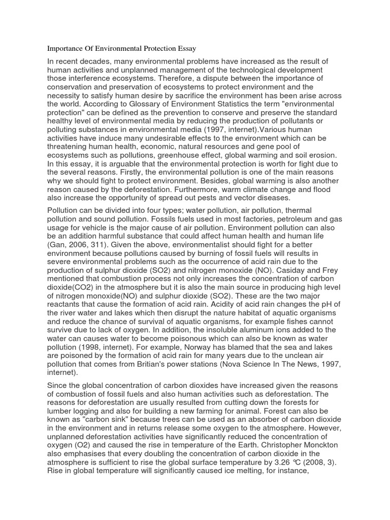 Importance of Environmental Protection Essay Pollution Global Warming