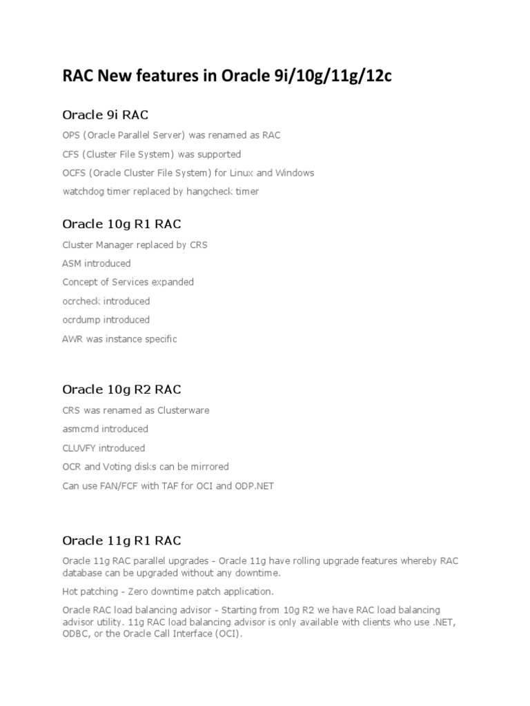 New RAC Features in Oracle 9i to 12c | PDF | Oracle Database | Computer ...