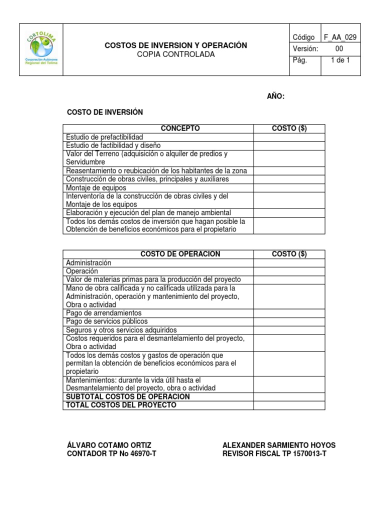 Costos De Inversion Y Operación: Copia Controlada