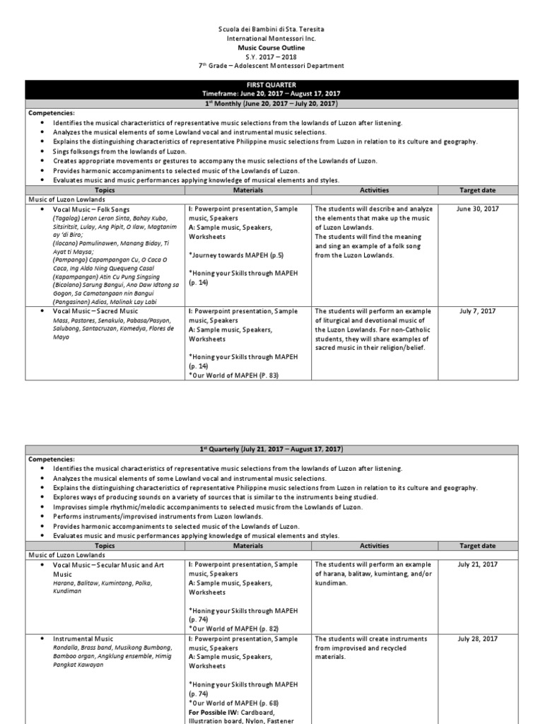Course Outline Music 7 Singing Songs