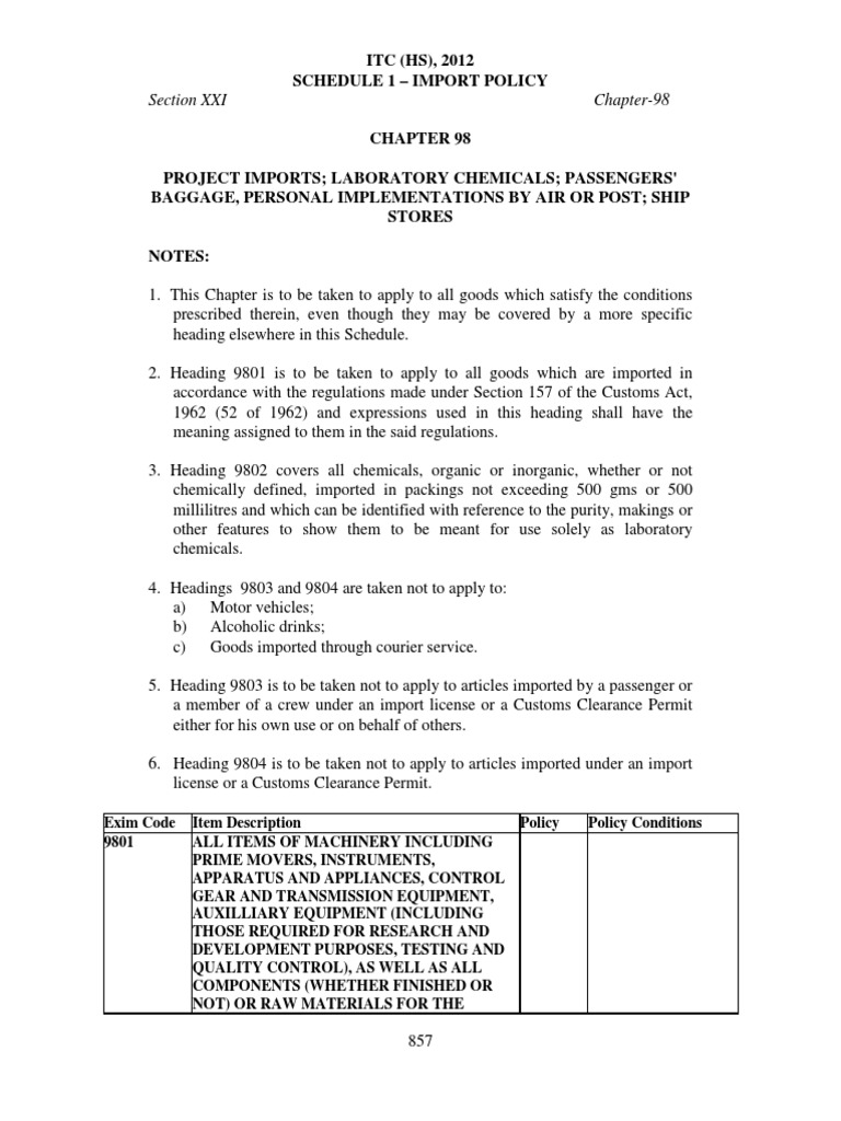 Section XXI Chapter-98: ITC (HS), 2012 Schedule 1 - Import Policy | PDF ...