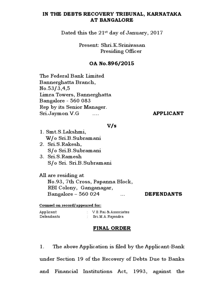In The Debts Recovery Tribunal, Karnataka at Bangalore Counsel On