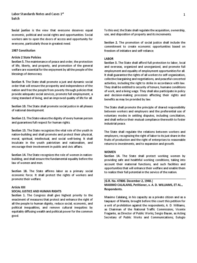 Labor Standards Notes 1 PDF Social Justice Employment