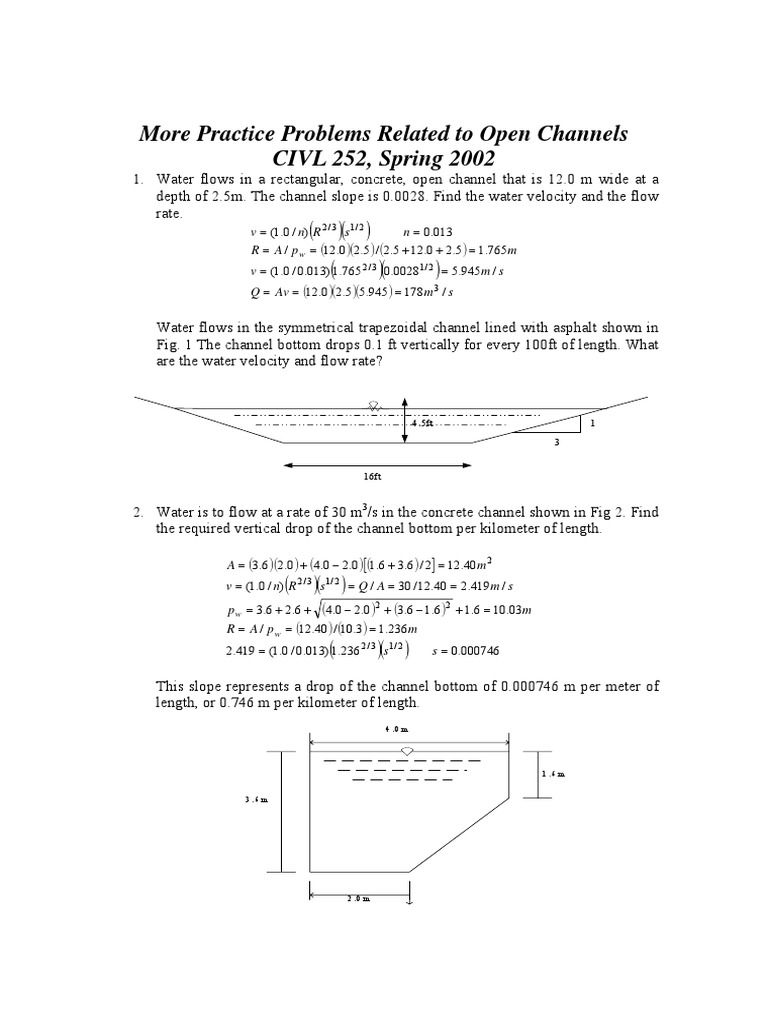 Open Channel Flow Practice Problems | PDF | Fluid Mechanics | Chemical ...