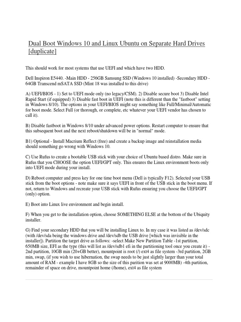 Dual Boot Windows 10 And Linux Ubuntu On Separate Hard Drives Pdf Booting Microcomputers