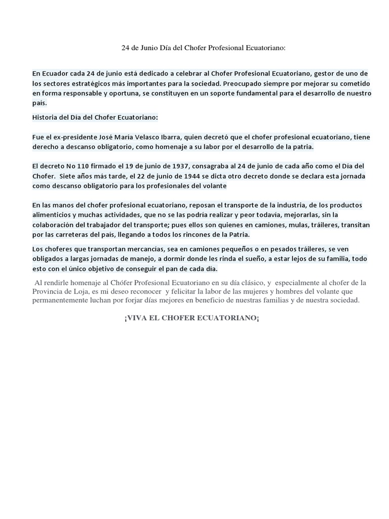 24 De Junio Dia Del Chofer Profesional Ecuatoriano Ecuador Ocio