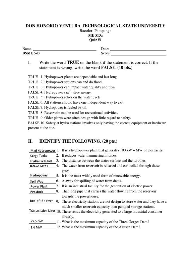 Hydroelectric Quiz PDF Hydroelectricity Power Station