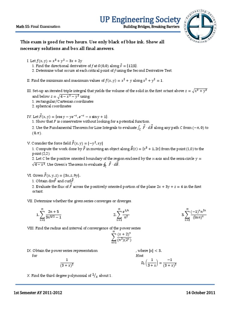 Math 55 Finals Samplex PDF PDF Power Series Integral
