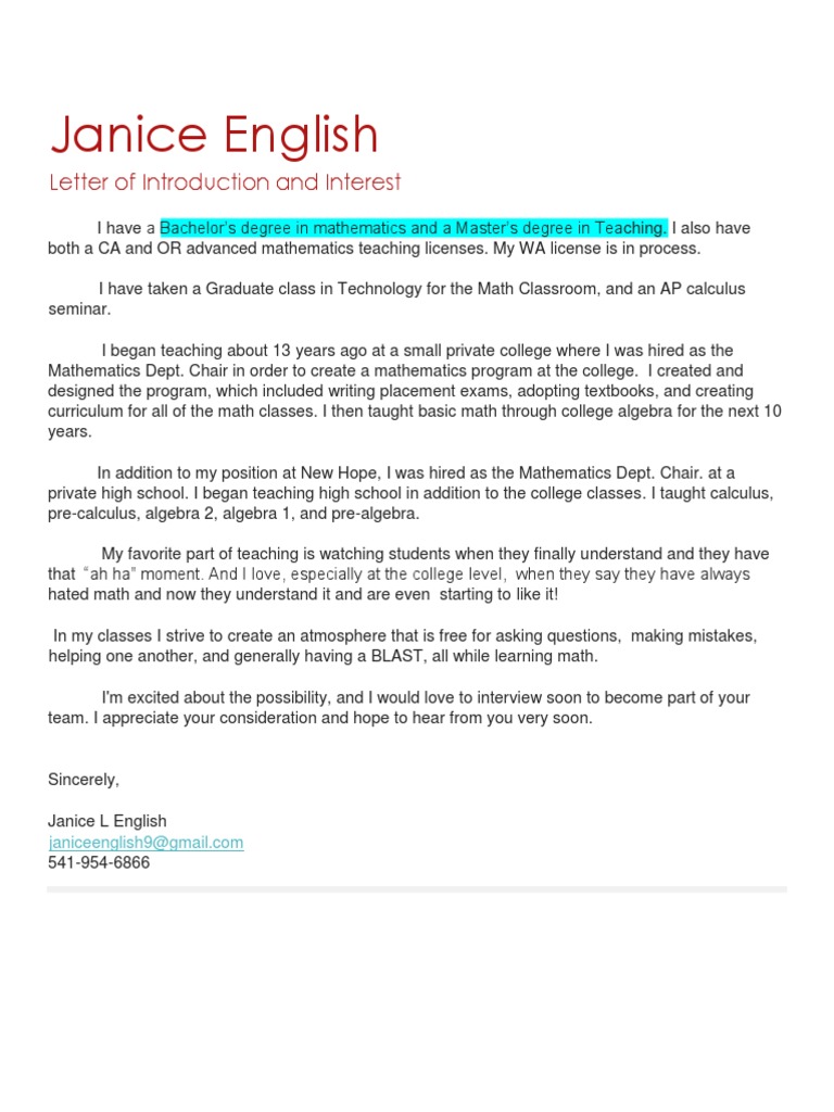 Letter of Introduction Teaching Janice English | PDF | Self-Improvement ...