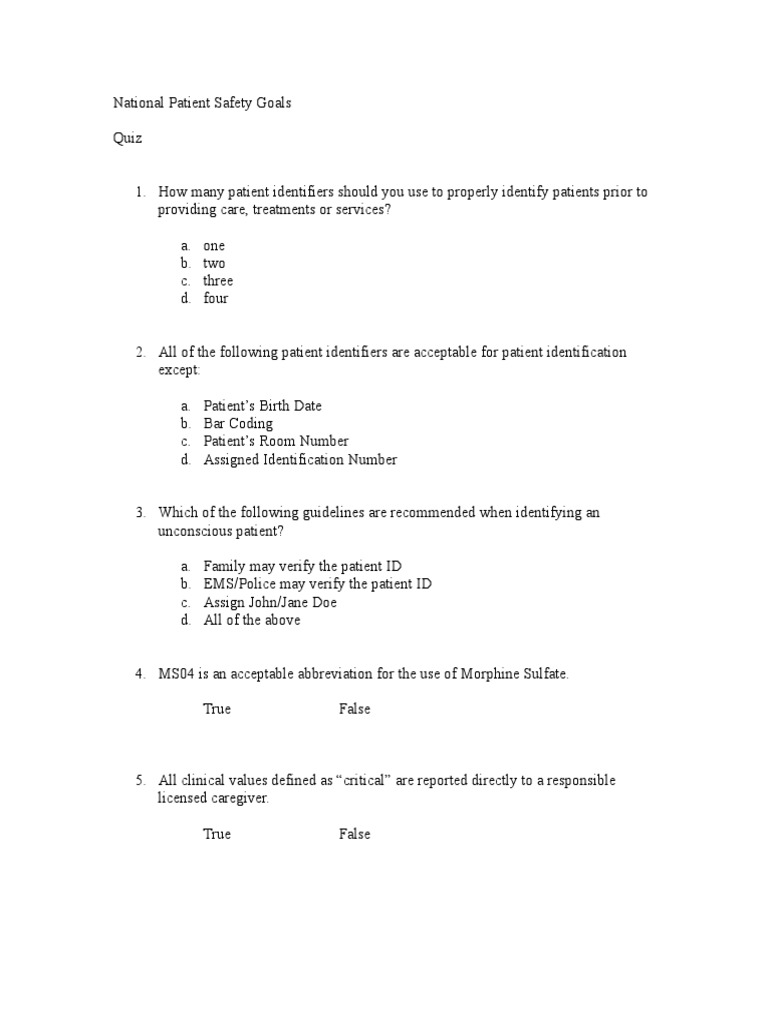 National Patient Safety Quiz PDF Patient Patient Safety