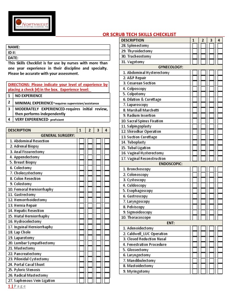 Or Scrub Tech Skills Checklist PDF Heart Surgery