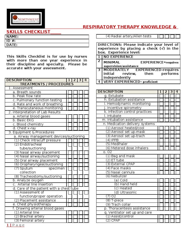 Respiratory Therapy Skills Checklist Respiratory System Medical