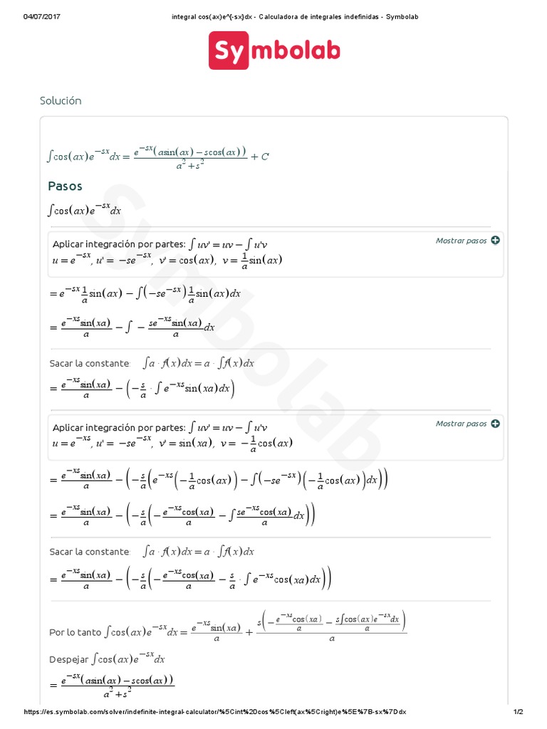 Integral Cos (Ax) e (-SX) DX - Calculadora de Integrales Indefinidas -  Symbolab | PDF