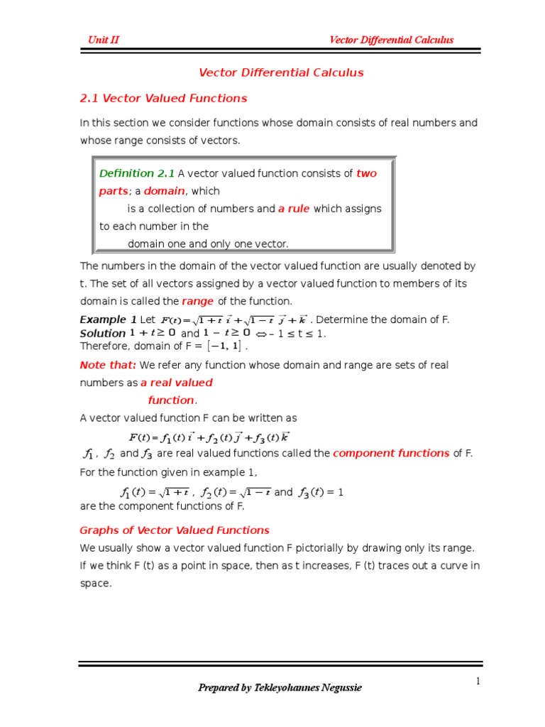 Vector Valued Functions Calculus