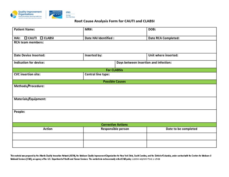 CAUTI and CLABSI RCA Form Template | PDF