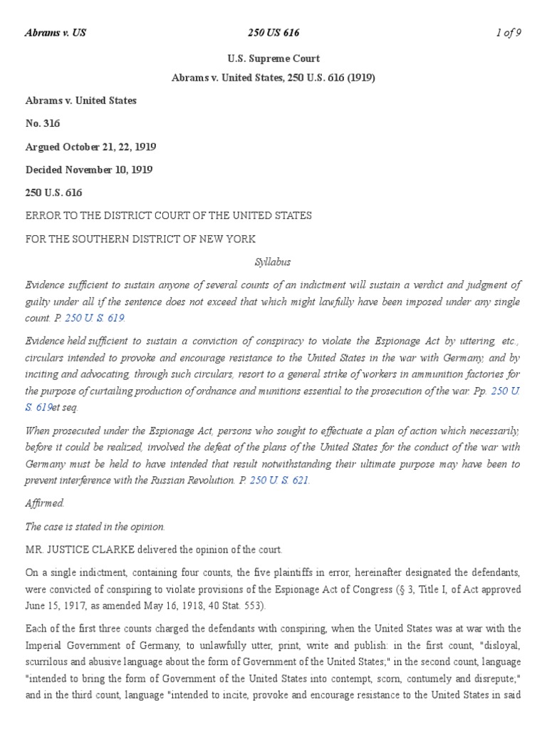 25Abrams v. US 250 US 616 November 10, 1919 PDF Intention