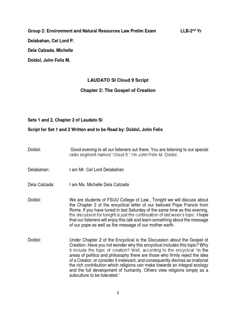 Laudato Si Group 2 Script | PDF | Genesis Creation Narrative | Good And ...