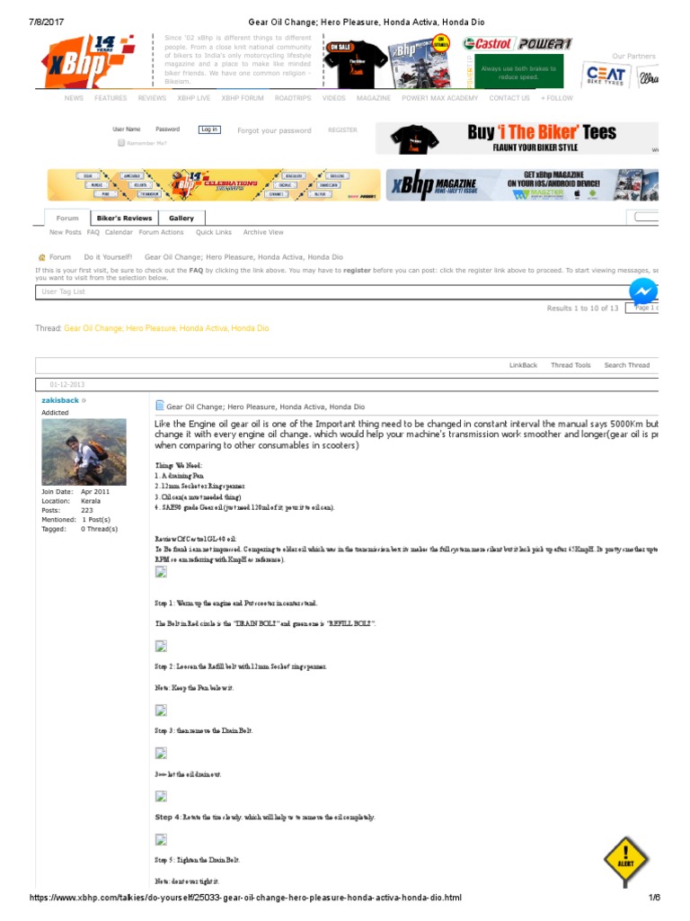Gear Oil Change Hero Pleasure, Honda Activa, Honda Dio PDF Motor