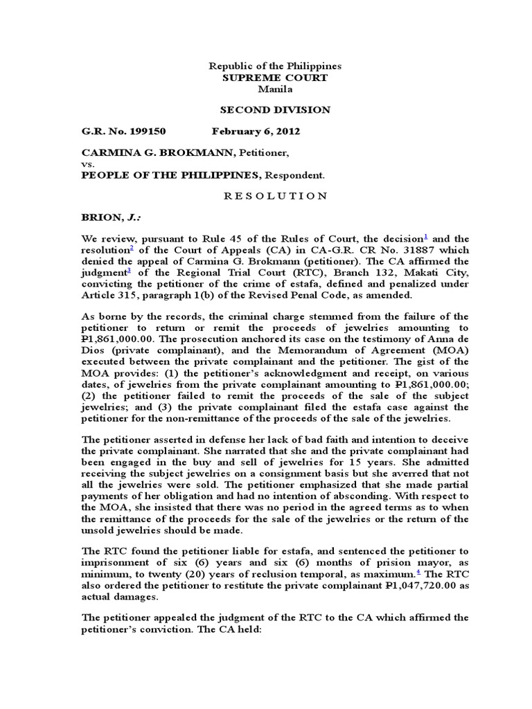 Estafa Art. 315 Fraud Prejudice (Legal Term)