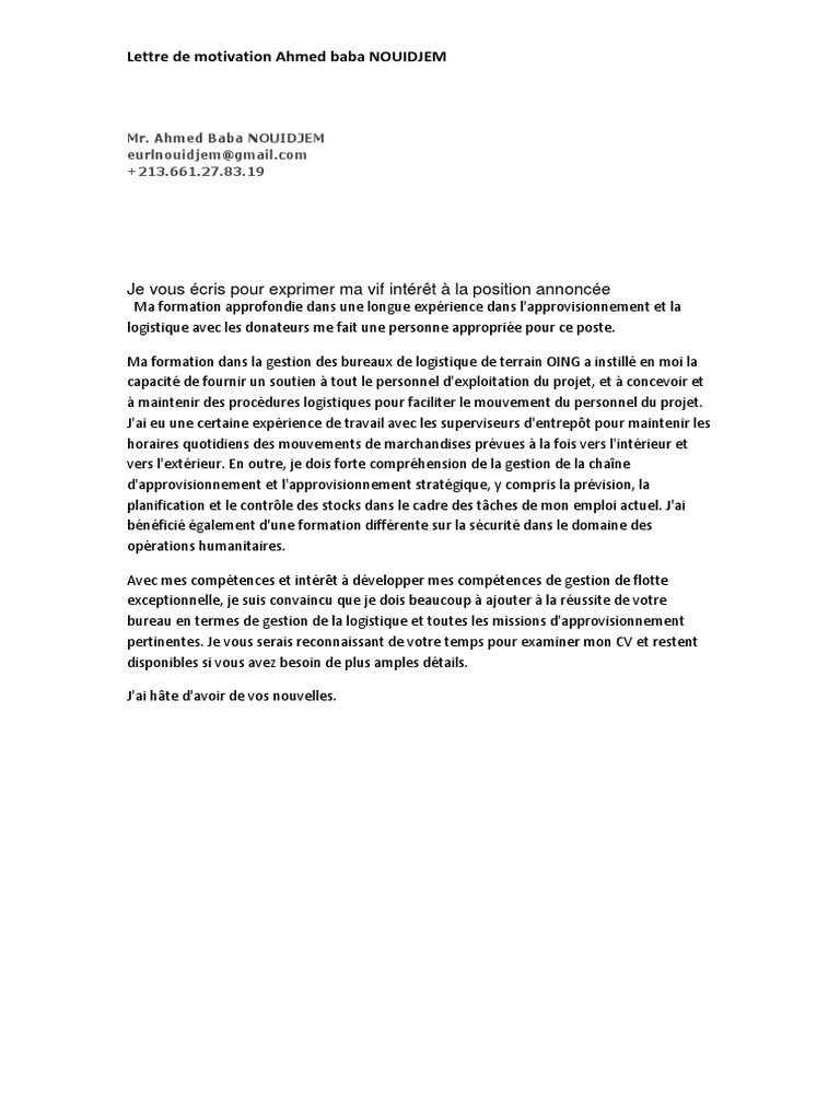 Lettre De Motivation Gestionnaire Approvisionnement