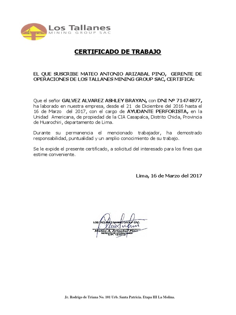 Certificado de Trabajo