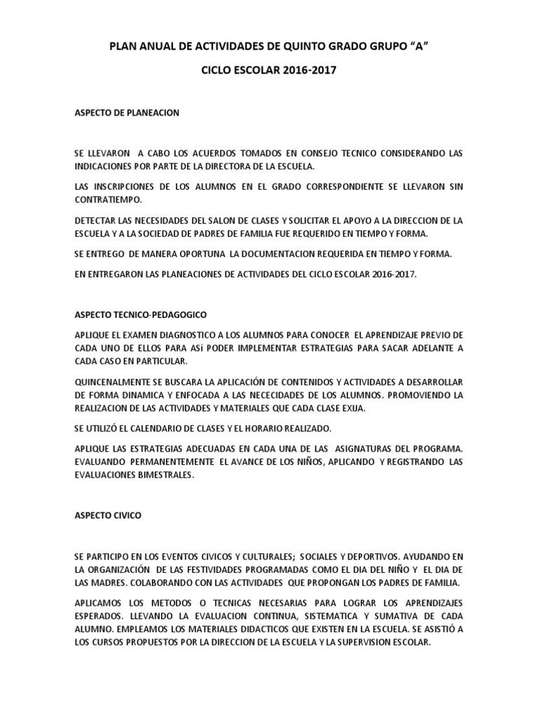 Informe Del Plan Anual de Actividades de Quinto Grado Grupo
