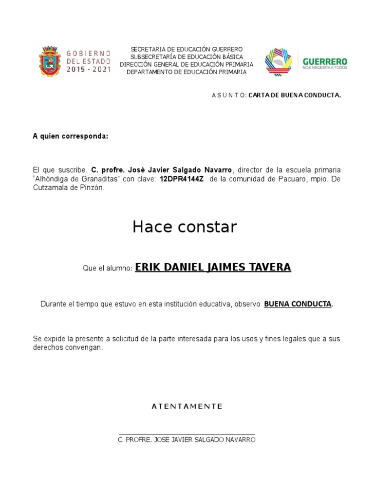 Carta de Buena Conducta  Academia  Etapas educativas