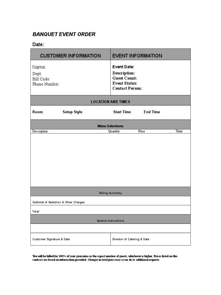 Banquet Event Order Template | PDF