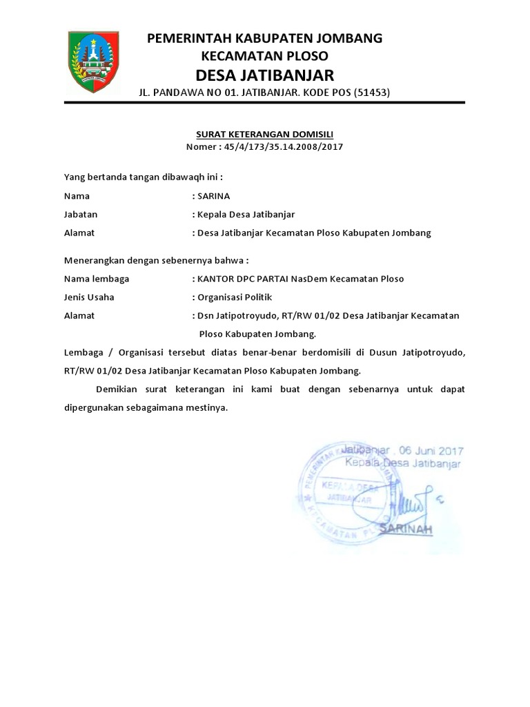 Surat Keterangan Domisili Ploso