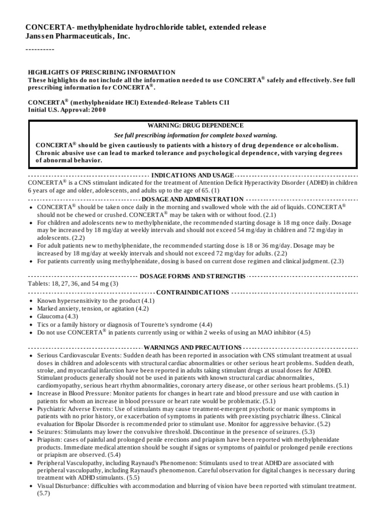 CONCERTA Extended-Release Tablets PIL | PDF | Stimulant | Attention ...