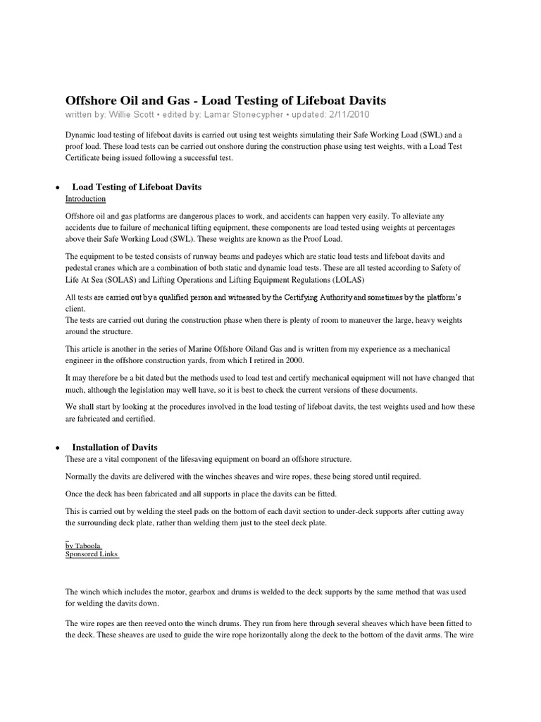 Lifeboat Davit Load Testing Procedures | PDF | Structural Load | Deck ...