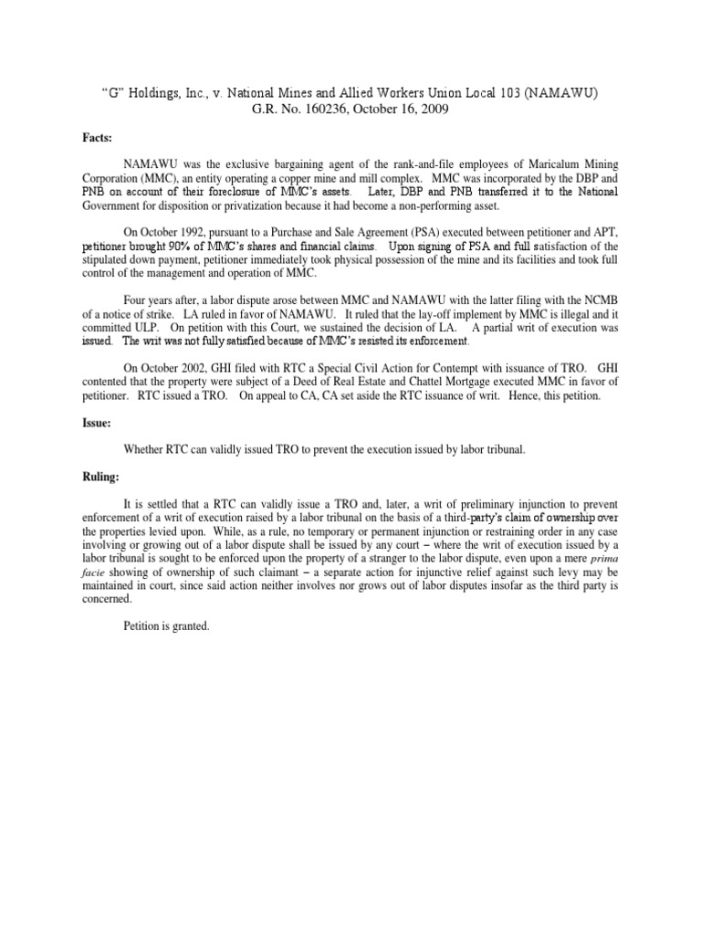 G Holdings Vs National Mines and Allied Workers Union PDF Ownership