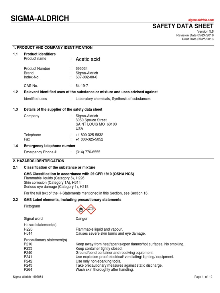 Acetic Acid Toxicity Personal Protective Equipment