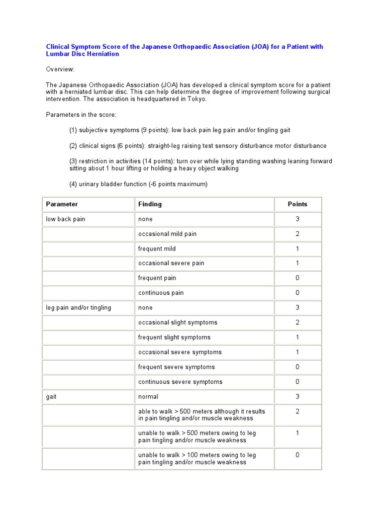 JOA Score for Lumbar Disc Herniation | PDF | Back Pain | Symptom