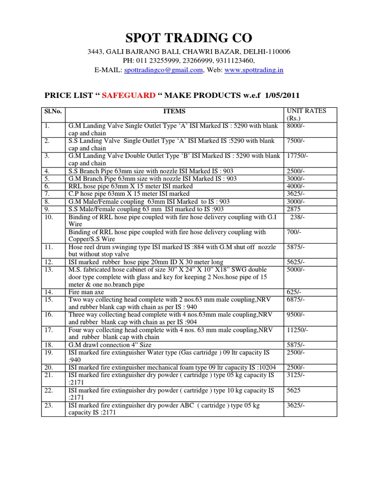Safeguard Price List Fire Fighting Eqpt PDF Equipment