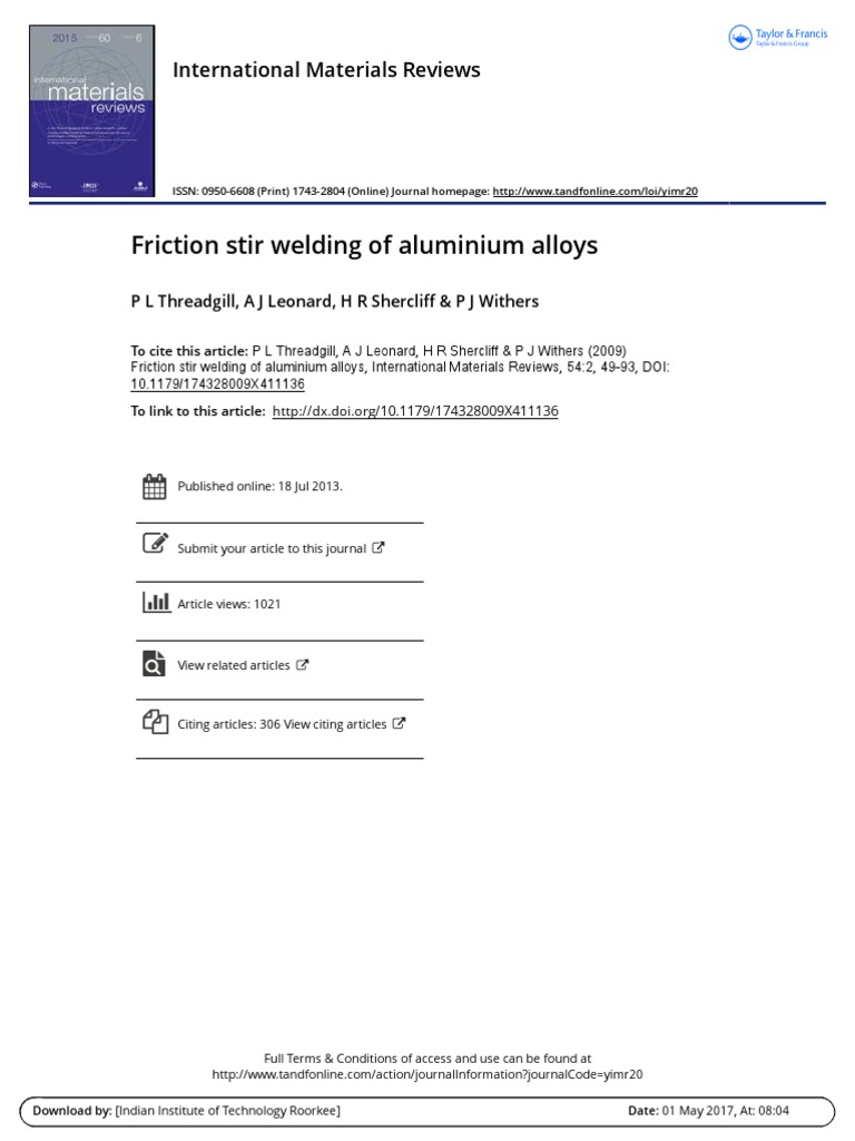 Friction Stir Welding of Aluminium Alloys | PDF | Heat Treating | Welding