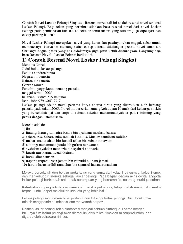 Contoh Novel Laskar Pelangi Singkat