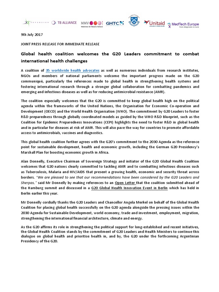 Press Release - Global Health Coalition Welcomes The G20 Leaders