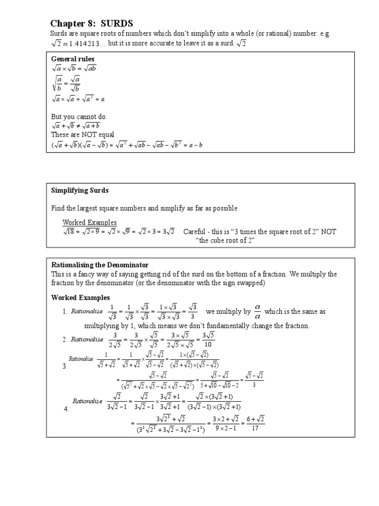 Chapter 8 Surds Fraction Mathematics Arithmetic